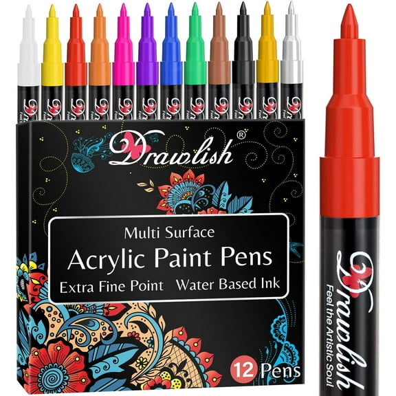 Acrylic Paint Pens for Rock Painting - Set of 12 Acrylic Markers - 0.7mm Tip with Extra Fine Point & Water-Based Ink - Ideal Paint Marker for Ceramic, Fabric, Porcelain, Wood, Canvas & DIY Mug Design