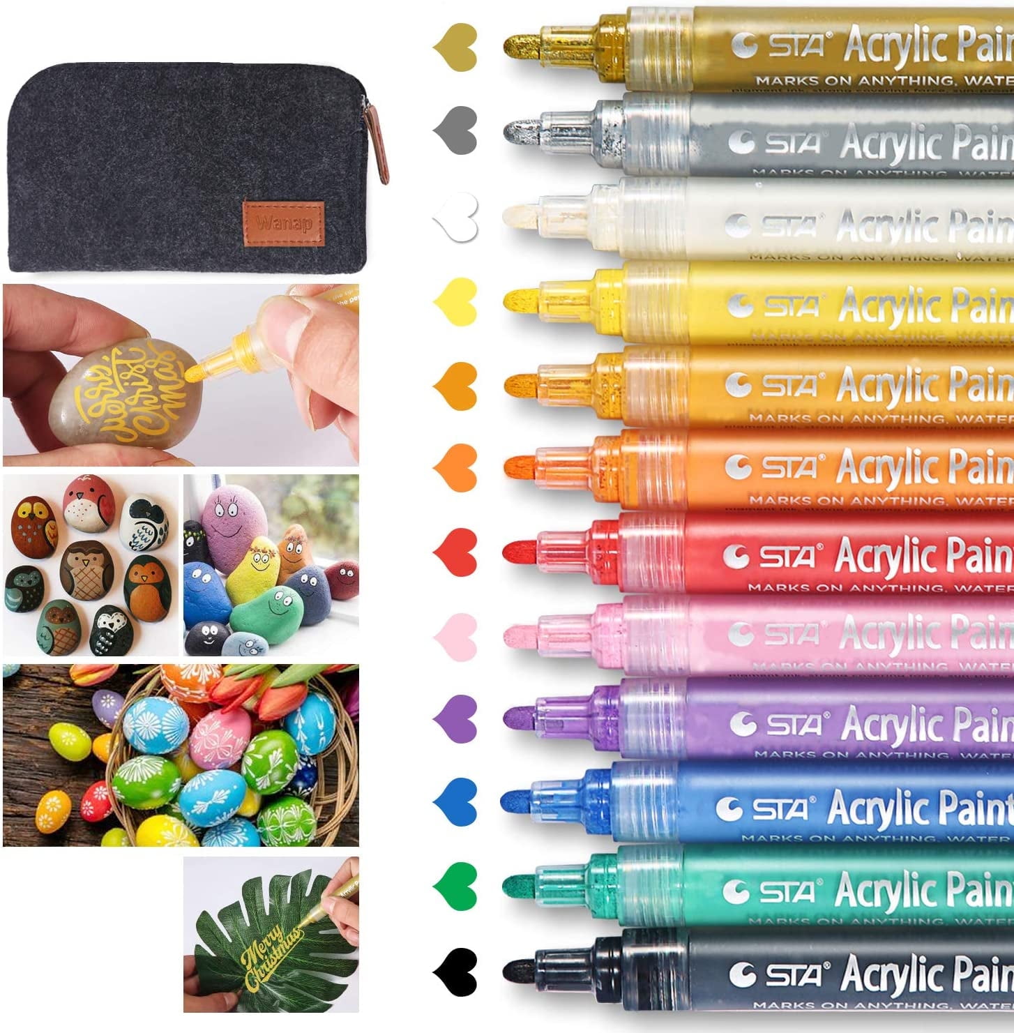 BUSATIA Acrylic Paint Pens Set, Medium Point, 12 Colors for Rock, Wood, Fabric, Ceramic