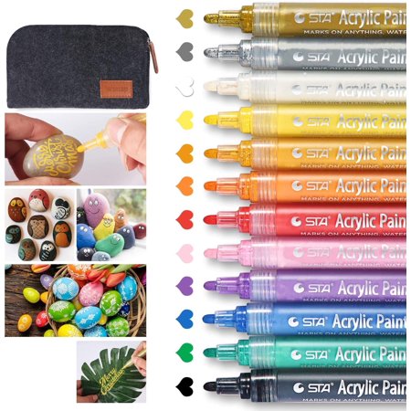Acrylic Paint Pens Set, 12 Colors Acrylic Markers Kits for 2 to 3mm Painting, Quick Dry Acrylic Paint Markers for Rock Painting Wood Fabric Ceramic Porcelain Scrapbook, with Felt Pen Bag