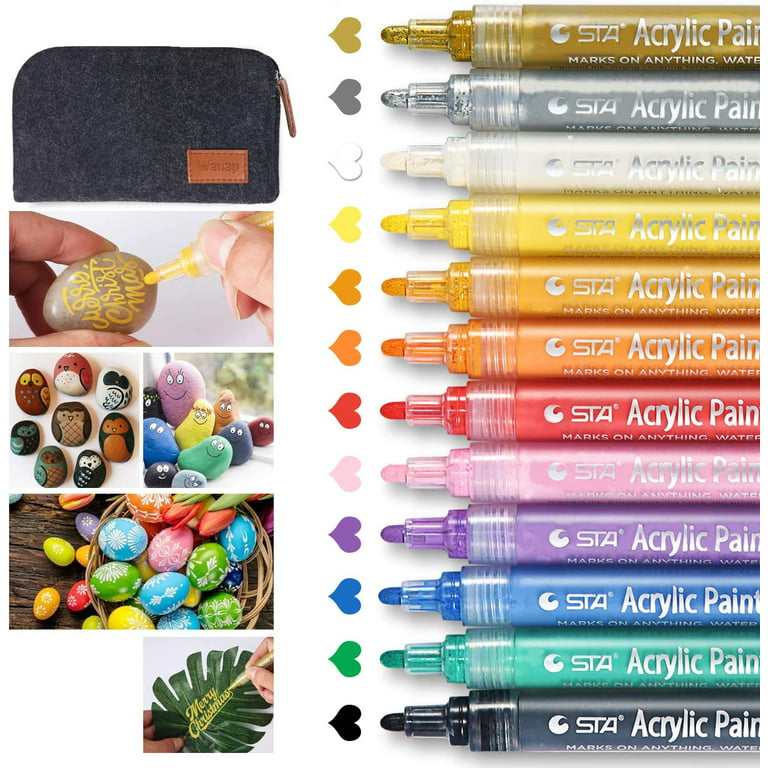 Paint Pens Paint Markers, 12 Colors Acrylic Paint Pens Medium Tip for Rocks Painting, Fabric, Wood, Canvas, Ceramic, Scrapbooking, DIY Crafts Making