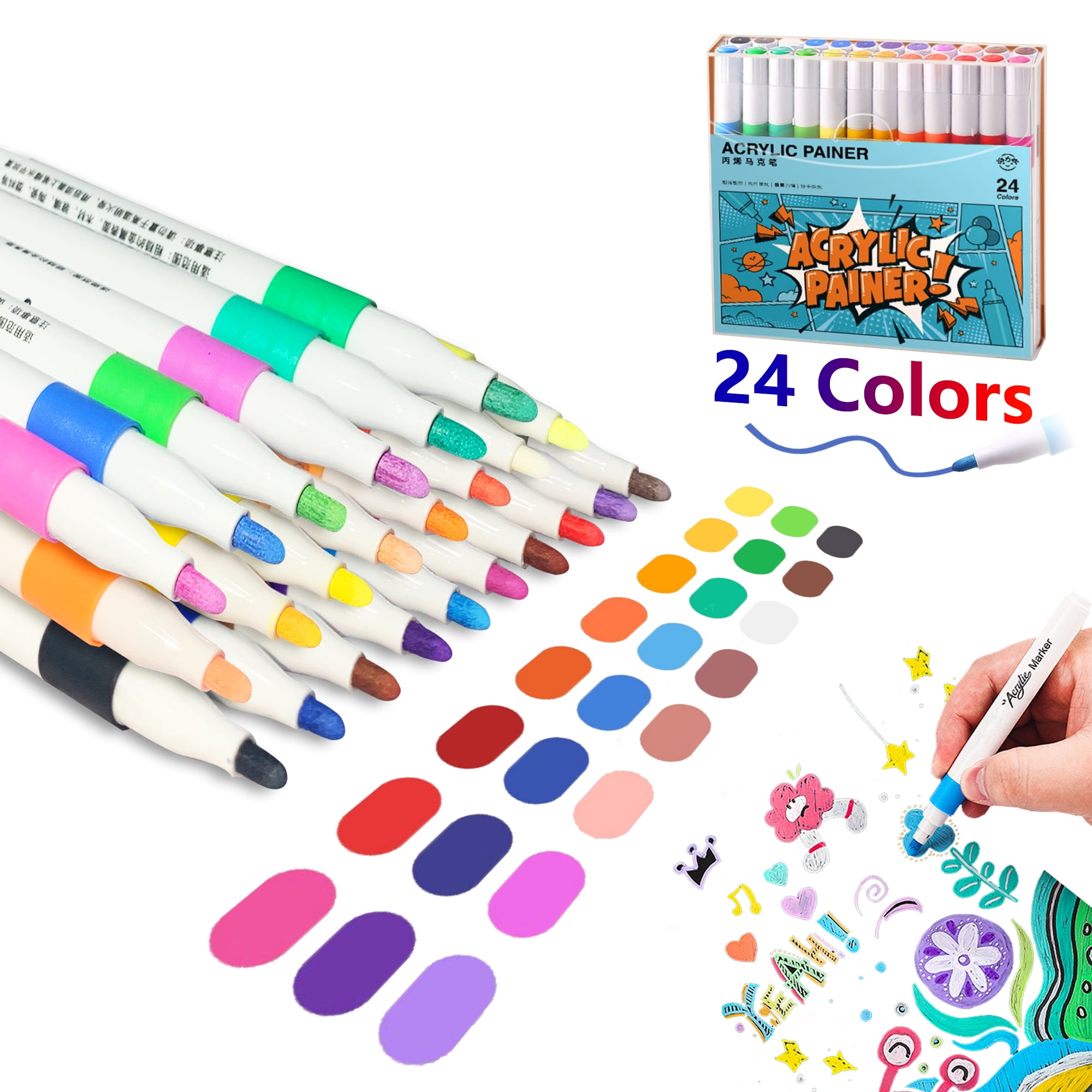 Acrylic Paint Pens Set,24 Colors Acrylic Markers Kits for 2mm Painting