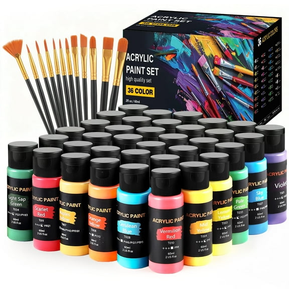 Tmol 36-Color Acrylic Paint Set (2 oz), Non-Toxic Rich Pigments with 12 Brushes, Quick-Dry for Canvas Wood Ceramic Fabric, Paint Set for All Artists