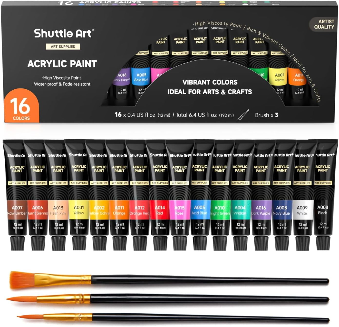 Acrylic Paint Set, 16 x12ml Tubes Artist Quality Non Toxic Rich Pigments Colors Great for Kids Adults Professional Painting on Canvas Wood Clay Fabric Ceramic Crafts