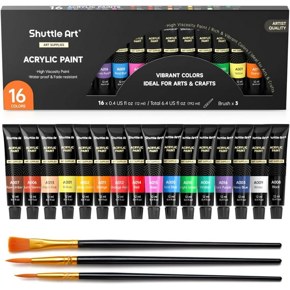 Acrylic Paint Set, 16 x12ml Tubes Artist Quality Non Toxic Rich Pigments Colors Great for Kids Adults Professional Painting on Canvas Wood Clay Fabric Ceramic Crafts