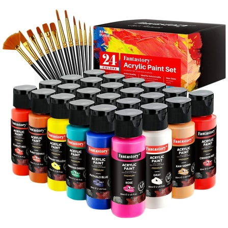 Acrylic Paint Set - 24 Classic Colors (2oz), Craft Paint Kit with 12 Brushes
