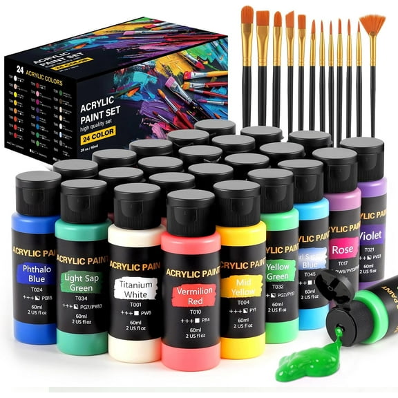 Acrylic Paint Set 24 Colors 2 Fl Oz Each with 12 Art Brushes