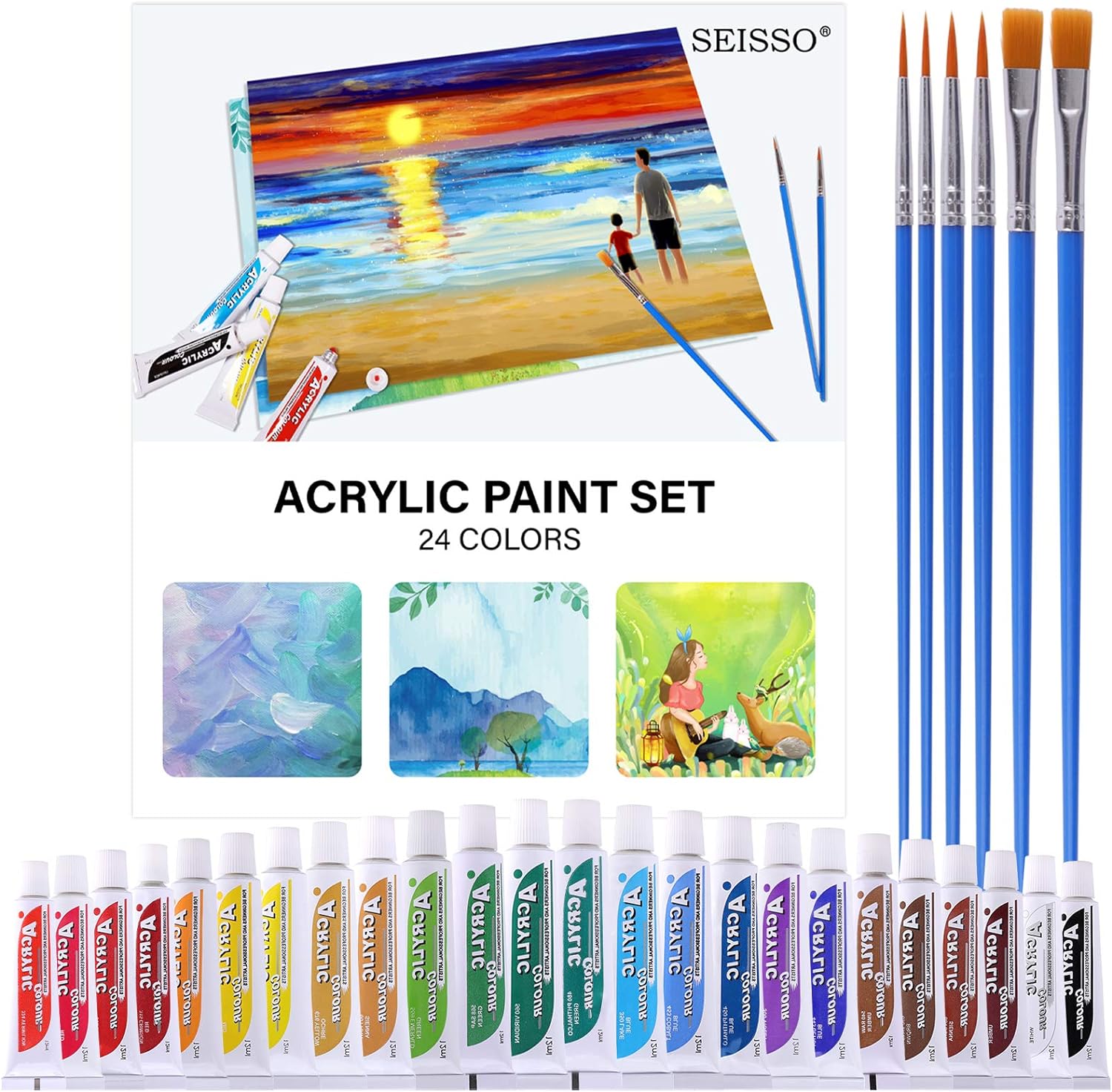 Acrylic Paint Set 24 Colors Tube Painting Kit with 6 Brushes for
