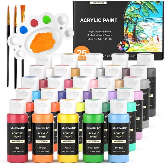Acrylic Paint Set 25 Colors 2 Fl Oz Bottles Rich Pigments for Canvas Rocks Wood Ceramic Fabric