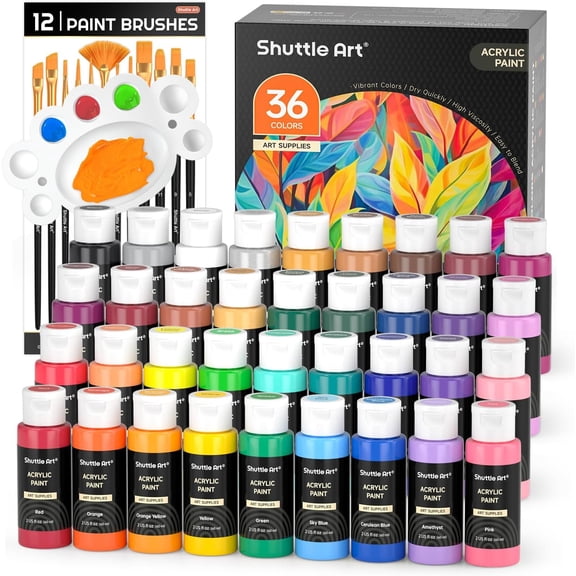 Acrylic Paint Set 36 Colors 2 Fl Oz Each with Brushes and Palette
