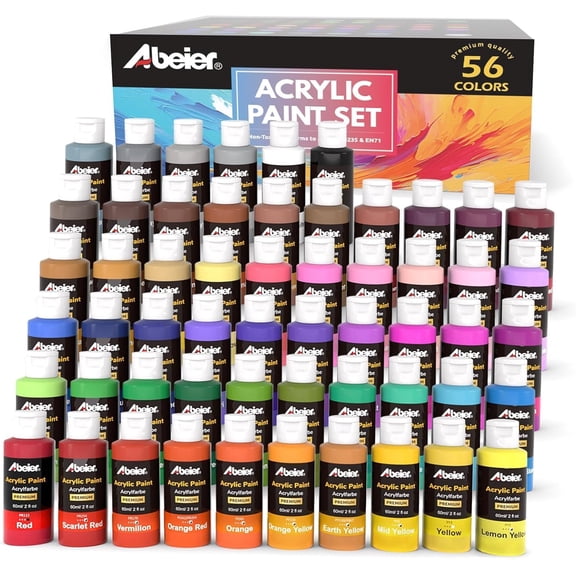 Acrylic Paint Set 56 Colors 2oz Matte Waterproof Rich Pigments Non Toxic for Canvas Wood Ceramic Fabric