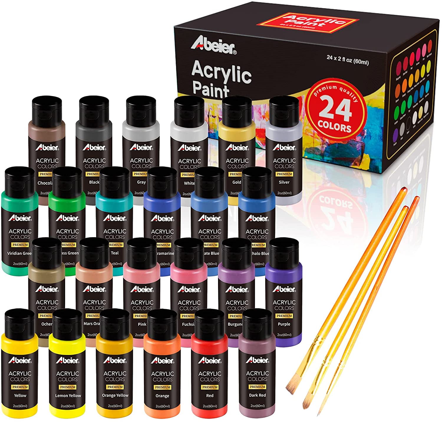 ABEIER Metallic Acrylic Paint, Set of 24 Metallic Colors in 2oz/60ml Bottle, Rich Pigments, Non Fading, Non Toxic Paints for Artist, Beginners & Kids