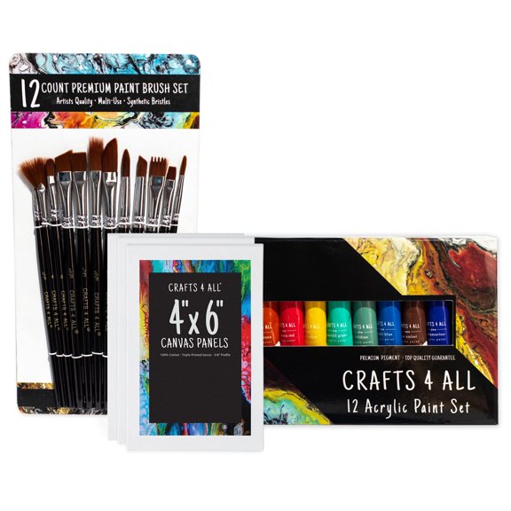 Acrylic Paint Set for Adults and Kids - 12 Pack of 12mL Paints with 12 Art Brushes & 4 Canvases, Non-Toxic Craft Paint, Halloween Pumpkin Painting Kit - Canvas, Ceramic, Rock Paint - Art Supplies 28 Piece Set