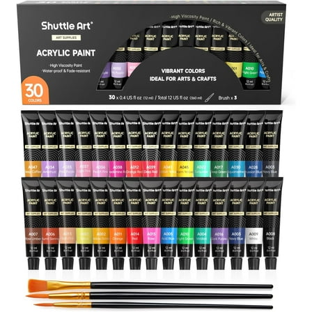 Acrylic Paint Set, Shuttle Art 30 x12ml Tubes Artist Quality Non Toxic Rich Pigments Colors Great for Kids Adults Professional Painting on Canvas Wood Clay Fabric Ceramic Crafts