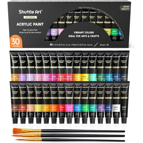 Acrylic Paint Set, Shuttle Art 30 x12ml Tubes Artist Quality Non Toxic Rich Pigments Colors Great for Kids Adults Professional Painting on Canvas Wood Clay Fabric Ceramic Crafts