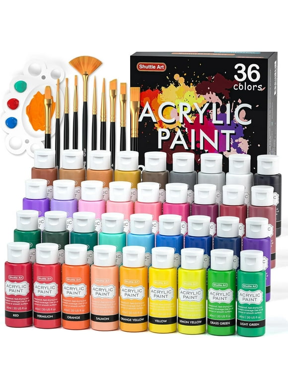 Acrylic Paint Set, Shuttle Art 36 Colors (60ml, 2oz) with 3 Brushes & 1 Palette, Craft painting, Rich Pigments,Non-Toxic for Artists,Beginners and Kids on Rocks, Crafts, Canvas,Wood, Fabric