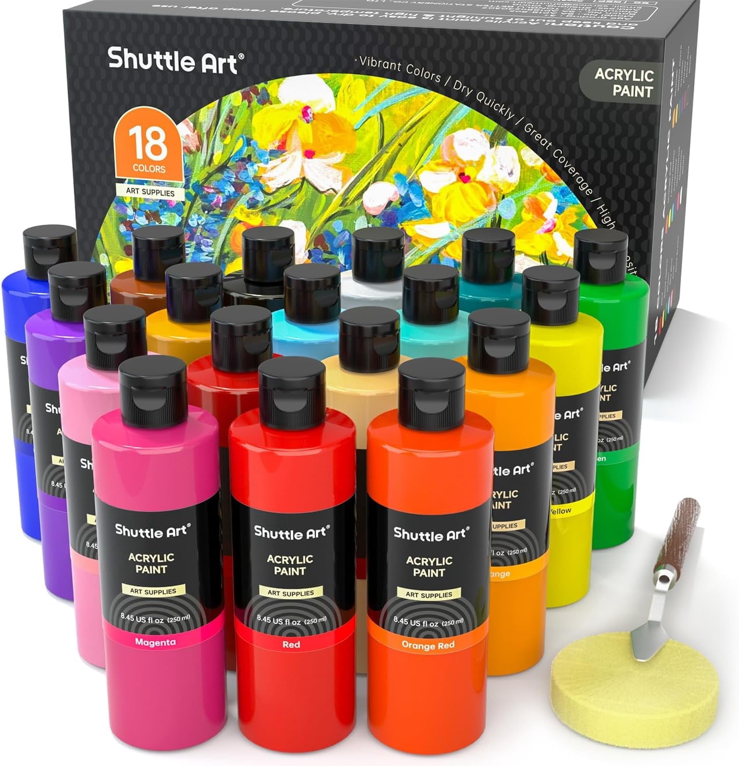 Acrylic Paint, Shuttle Art 18 Colors Acrylic Paint Bottle Set (250ml/8.45oz), Rich Pigmented Acrylic Paints, Bulk Painting Supplies for Artists, Beginners and Kids on Rocks Crafts Canvas Wood Ceramic