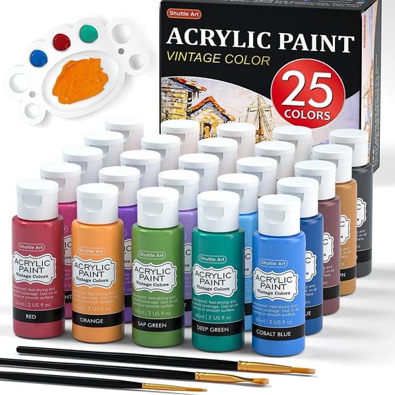 Acrylic Paint, Shuttle Art 25 Vintage Colors Acrylic Paint Set, 2oz/60ml Bottles, Rich Pigmented, Premium Acrylic Paints for Artists, Beginners on Rocks Crafts Canvas Wood Ceramic