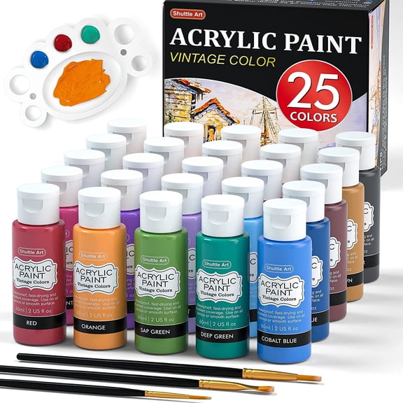 Acrylic Paint, Shuttle Art 25 Vintage Colors Acrylic Paint Set, 2oz/60ml Bottles, Rich Pigmented, Premium Acrylic Paints for Artists, Beginners on Rocks Crafts Canvas Wood Ceramic