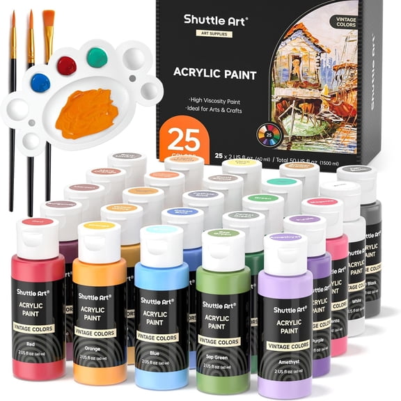 Acrylic Paint, Shuttle Art 25 Vintage Colors Acrylic Paint Set, 2oz/60ml Bottles, Rich Pigmented, Premium Acrylic Paints for Artists, Beginners on Rocks Crafts Canvas Wood Ceramic