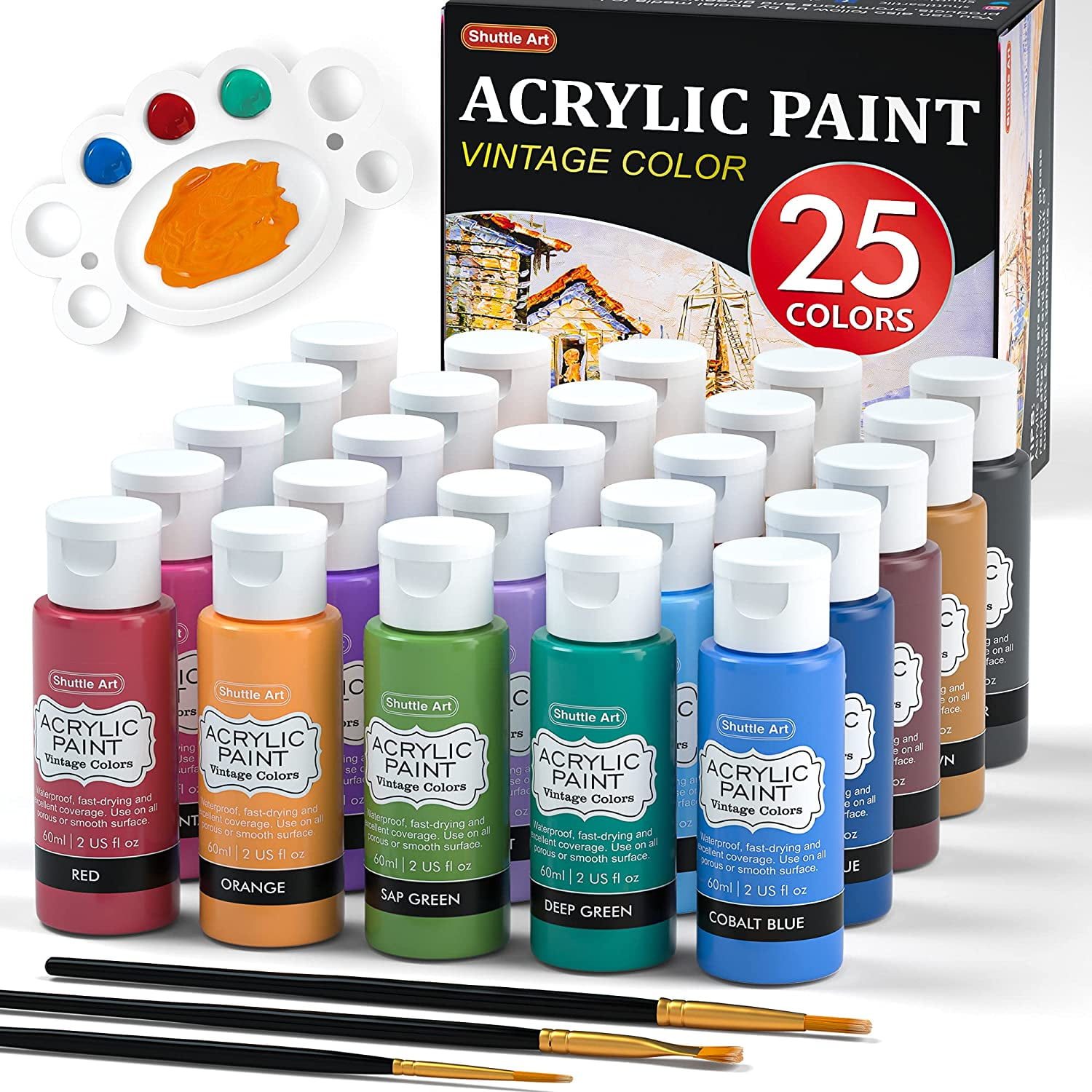 Acrylic Paint, Shuttle Art 25 Colors Acrylic Paint Set, 2oz/60ml Bottles,  Rich Pigmented, Waterproof, Premium Acrylic Paints for Artists, Beginners
