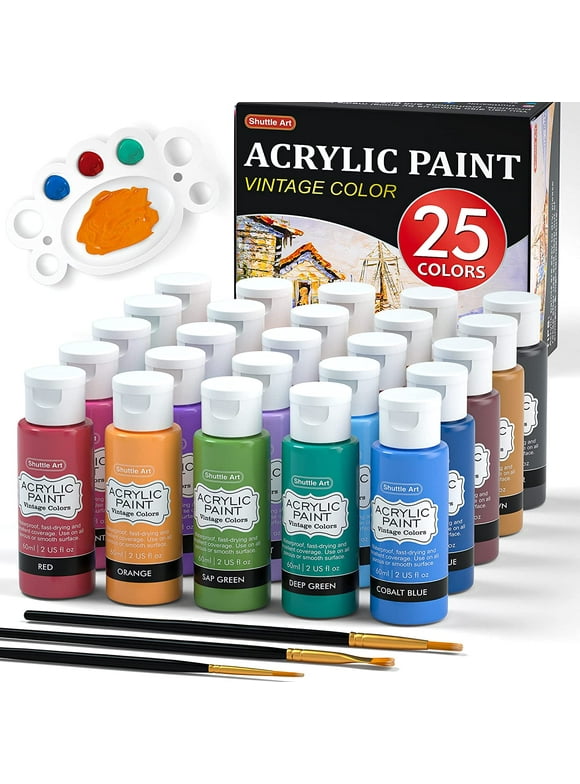 Acrylic Paint, Shuttle Art 25 Vintage Colors Acrylic Paint Set, 2oz/60ml Bottles, Rich Pigmented, Premium Acrylic Paints for Artists, Beginners and Kids on Rocks Crafts Canvas Wood Ceramic