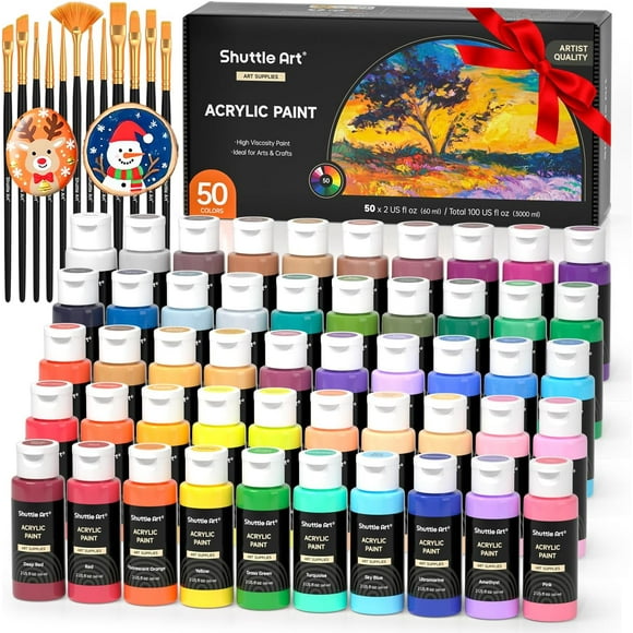 Acrylic Paint, Shuttle Art 50 Colors Acrylic Paint Set, 2oz/60ml Bottles, Rich Pigmented, Water Proof, Acrylic Paints for Artists, Beginners on Canvas Rocks Wood Ceramic Fabric