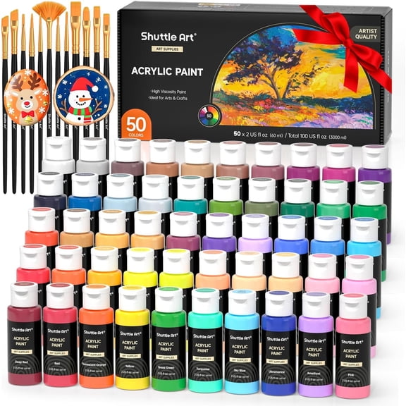 Acrylic Paint, Shuttle Art 50 Colors Acrylic Paint Set, 2oz/60ml Bottles, Rich Pigmented, Water Proof, Acrylic Paints for Artists, Beginners on Canvas Rocks Wood Ceramic Fabric