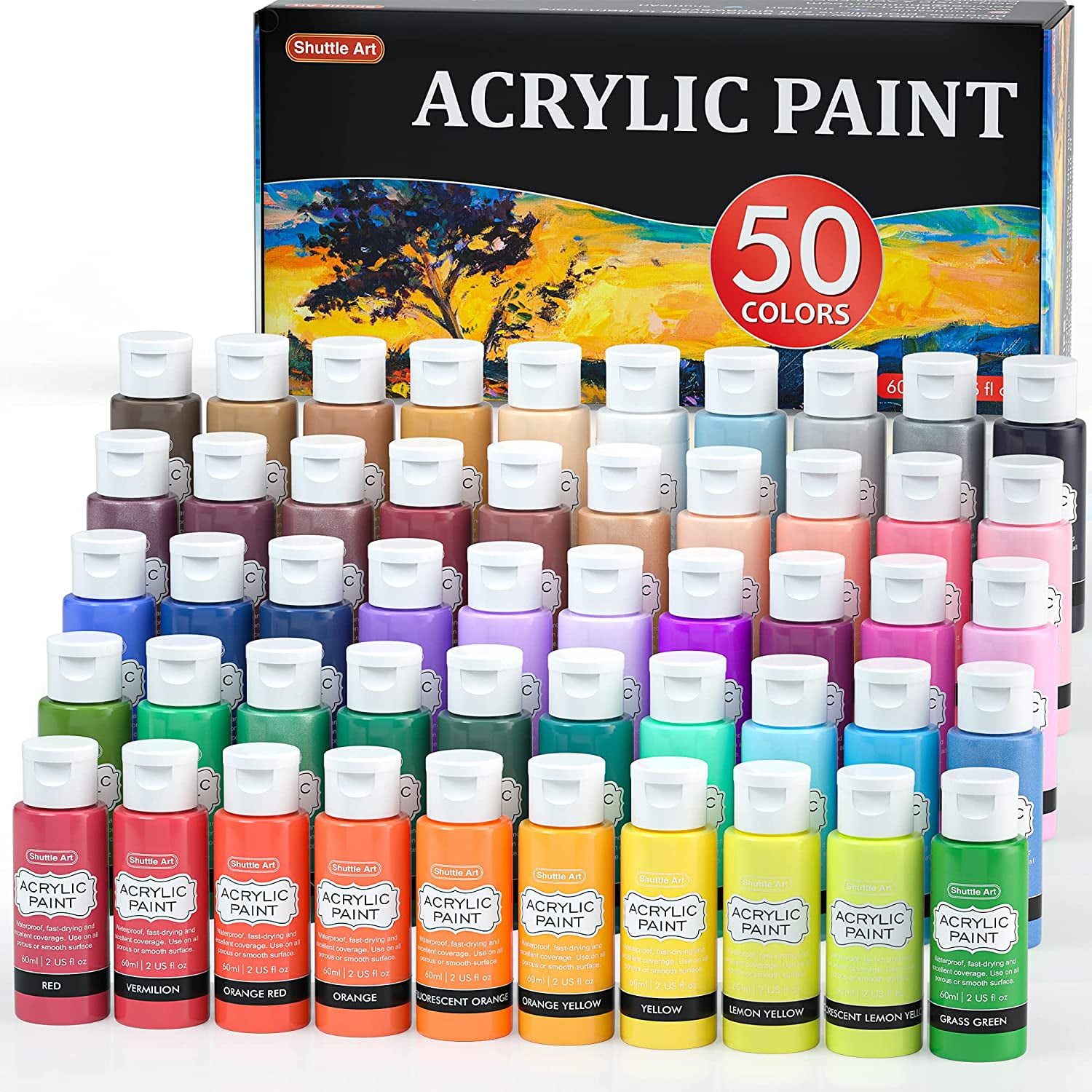 Acrylic Paint, Shuttle Art 50 Colors Acrylic Paint Set, 2oz/60ml