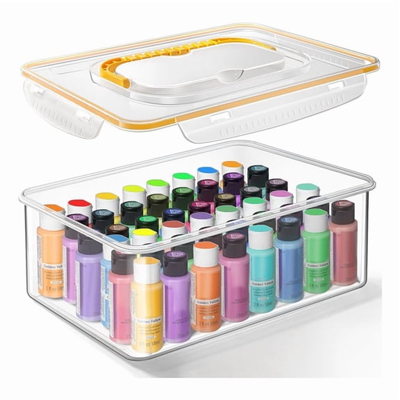 Acrylic Paint Storage Box for 2 Fl. Oz Acrylic Paints, 48 Bottles Capacity, Brushes Craft Organizer with Handle