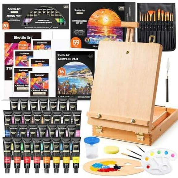Acrylic Painting Set, 59 Pack Professional Painting Supplies with Wood Tabletop Easel, 30 Colors Acrylic Paint, Canvas, Brushes, Palette, Complete Painting Kit for Kids, Adults, Artists$$Art & Craft