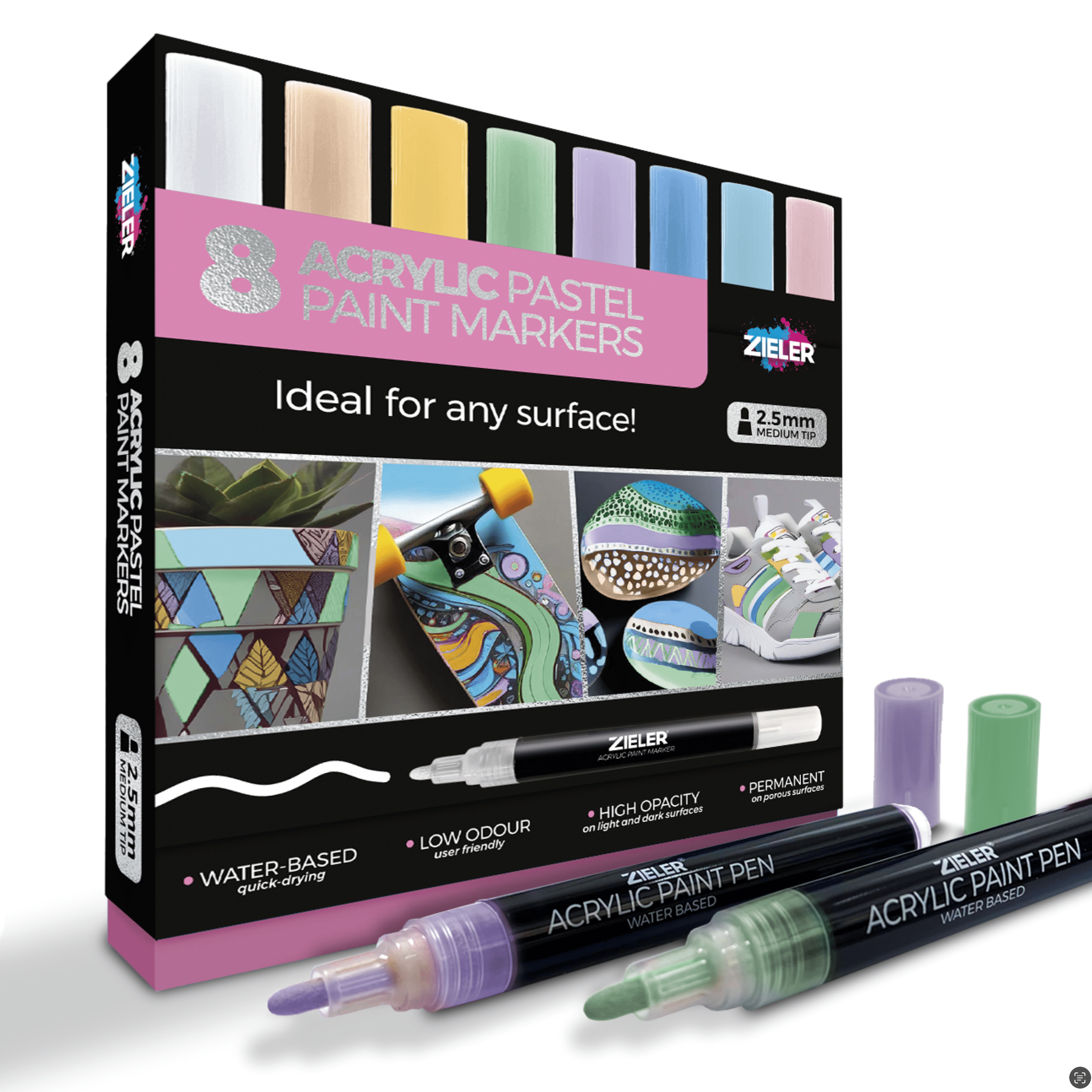 Zieler Pastel Paint Marker Pens, Set of 8 Assorted Pastel Colors, Medium Tip