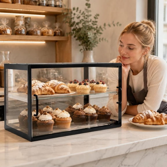 Acrylic Pastry Display Case, 2-Tier Countertop Bakery Display Box with Sliding Door for Cake, Cookie, Donut
