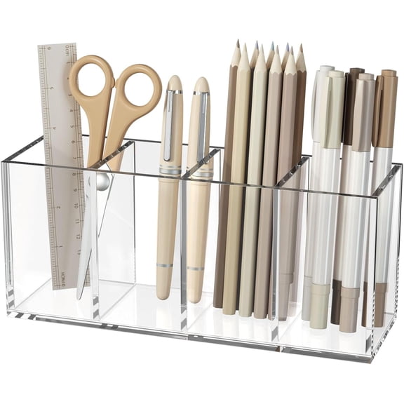 Acrylic Pen Holder 4 Compartments, Clear Pencil Organizer Cup for Countertop Desk Accessory Storage