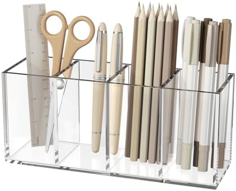 Acrylic Pen Holder 4 Compartments, Clear Pencil Organizer Cup for Countertop Desk Accessory Storage