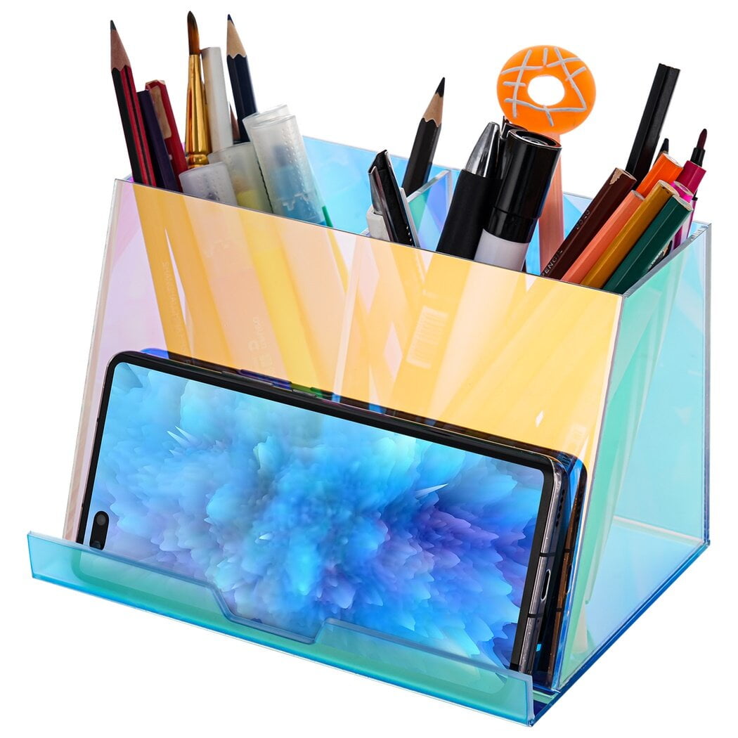 Acrylic Pen Holder, Iridescent Desk Organizer, Two Compartments