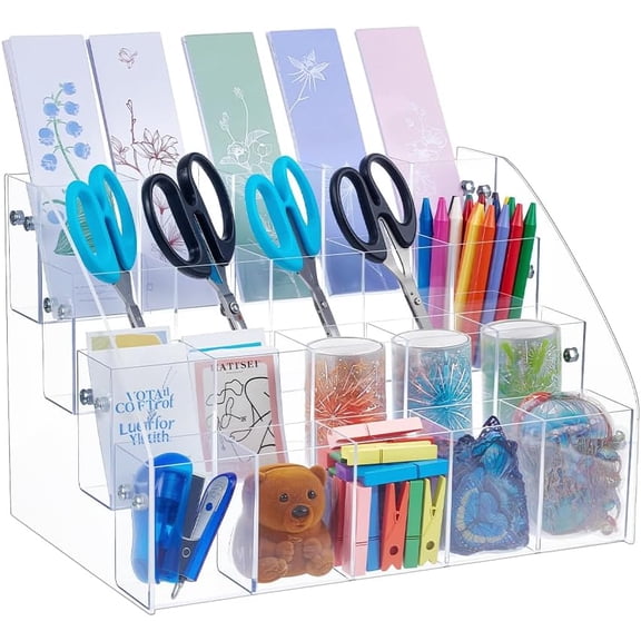 Acrylic Pen Organizer Storage 4 Tier 20 Compartments Vertical Marker Organizer Large Stationary Pencil Holder for Desk