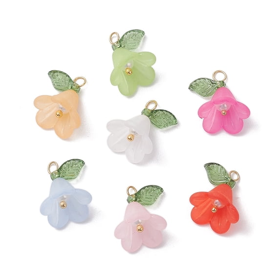 Acrylic Pendants with Glass and Brass Findings Flower Charms Mixed Color 11x14x14mm Hole: 3x4mm