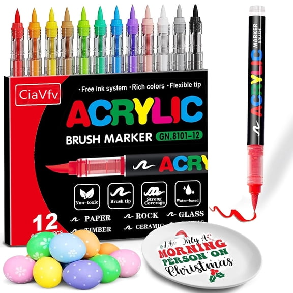 CiaVfv Ceramic Pen, 12-Color Waterproof Acrylic Markers (1.0-6.0mm) for Glass, Ceramic, Canvas, Stone, Metal