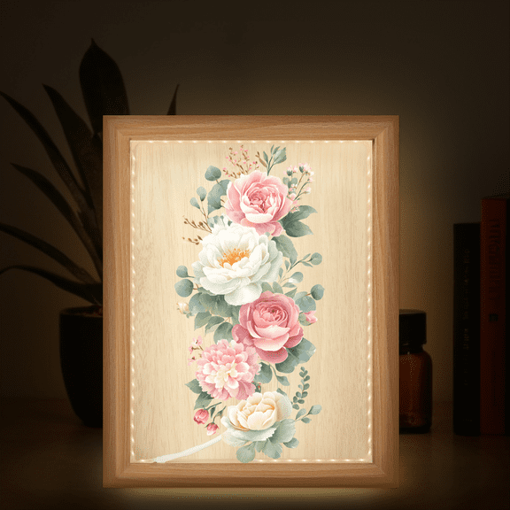 Acrylic Picture Frame with Wooden Stand, Light-Up Display - Adjustable LED Glowing Frame for Photos, Modern Desktop Decor (White Pink Flower)