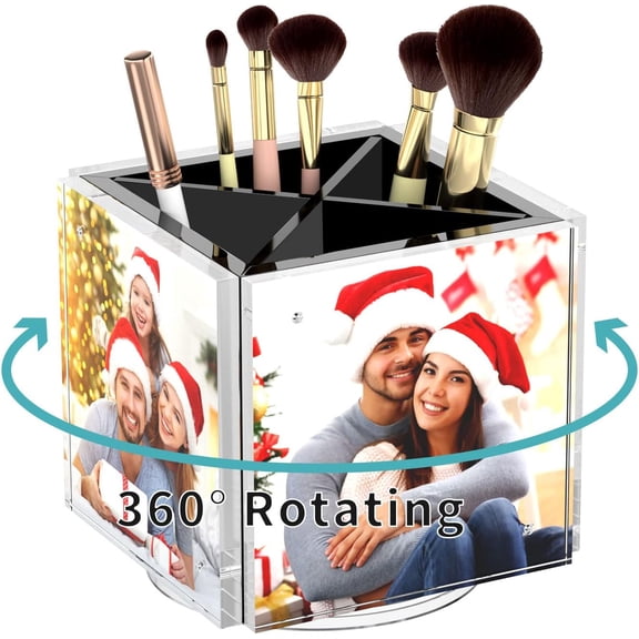Acrylic Picture Frames for Desk, 4-side Magnetic Photo Cube Pen Holder 4"x 4", 360 Rotating Desktop Organizer for Pencil, Makeup Brushes, Home, Office (Black)