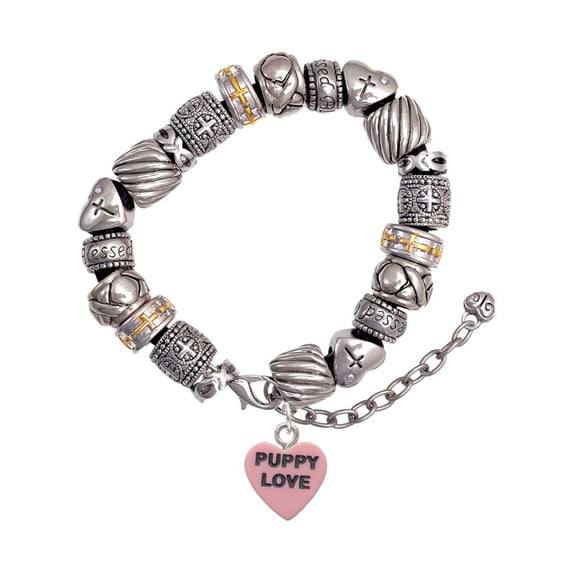 Acrylic Pink "Puppy Love / Take a Walk" Heart Silver Tone Christian Bead Bracelet