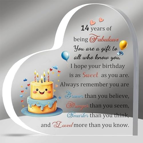 Acrylic Plaques 14th Birthday Inspirational Gifts, 4 x 4 inches Heart-Shaped Sign, Fourteen-Year-Old Teens Birthdate Gift, Encouragement Appreciation Keepsake for Him Her Friends Sister Son Daughter