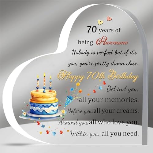 Acrylic Plaques 70th Birthday Gifts, 4 x 4 inches Heart-Shaped Sign, Seventy-Year-Old Women Men Appreciation Birthdate Gift, Best Wishes Keepsake for Him Her Nana Grandad Godmother