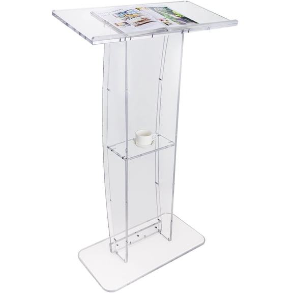 Acrylic Podium, 47" Transparent Acrylic Lectern Stand with Spacious Desktop & Bottom Storage Shelf, Clear Floor-Standing Podium for Church, Office, and School