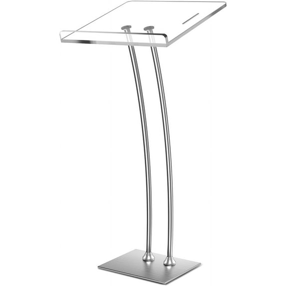 Acrylic Podium Lectern with Iron Base - Durable & Transparent Stand for Churches, Conferences, Classrooms, Weddings, and Events - 10mm Thickened Top with Storage Shelves and Pen Slot (Silver)