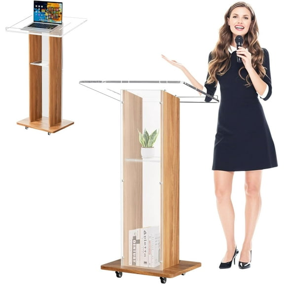 Acrylic Podium with Wooden Frame, Frosted Pulpitos Para Iglesias with 4 Lockable Wheels, Church Pulpit Wood Podium, Portable Lectern for Churches, Wedding, Speech, Classroom, Conference (Frosted)