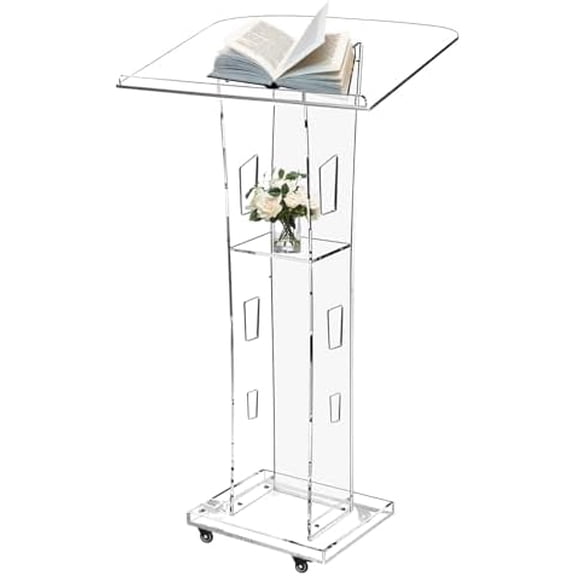 Acrylic Podiums for Church with 4 Wheels, 43 Clear Pulpit for Churches with Storage Shelf, Modern Lectern with 15 Colors Adjustable for Classroom, Conference, Wedding$$Office