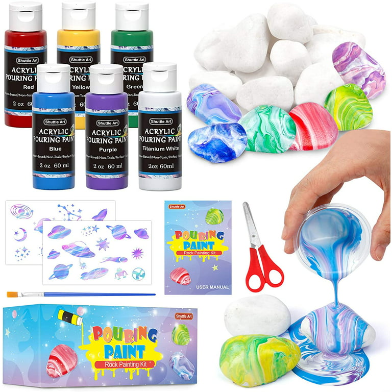 Acrylic Pouring Paint, Shuttle Art Set of 6 Bottles (2 oz/60ml) Pre-Mixed  High-Flow Acrylic Paint Pouring Supplies with White Rocks, Paint Brush