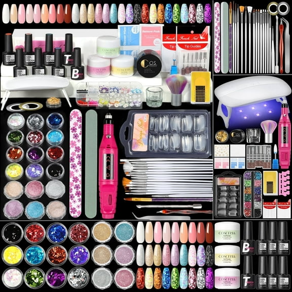 COSCELIA Acrylic Nail Kit Complete Set 3PC Acrylic Powder 6pcs Gel Nail Polish Set 100pcs Acrylic Nail Tips Nail Art Gift for Women