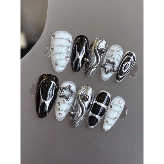 Acrylic Press-On Nails XS: Short Almond With Black White Silver Metallic